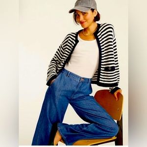 J Crew Cropped Striped Open Front Boxy Cardigan